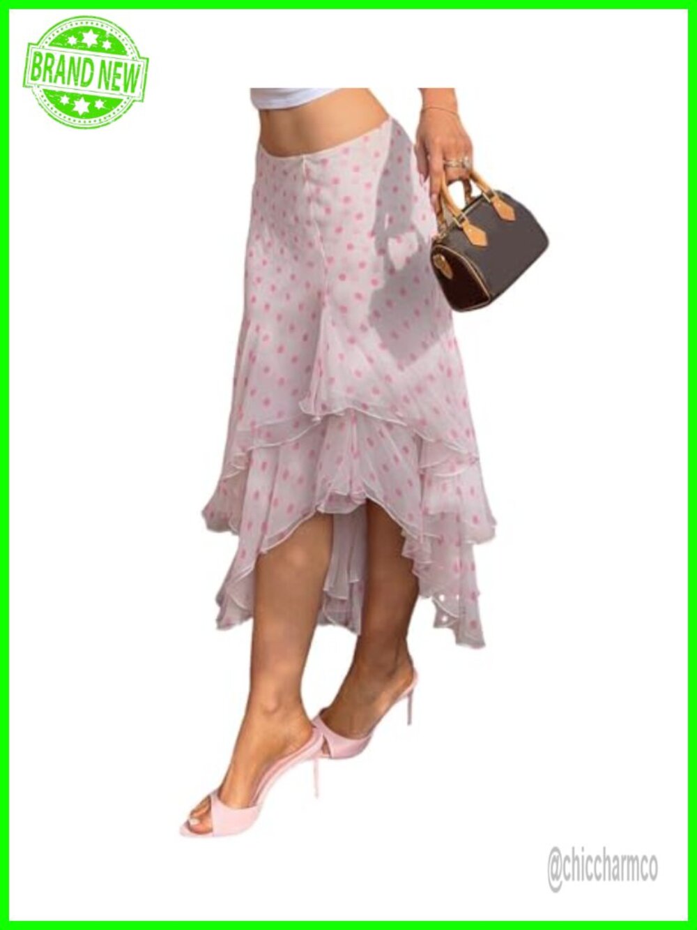 Polka Dot Flowy Midi Skirt Ruffle Hem High Waisted A Line Cute